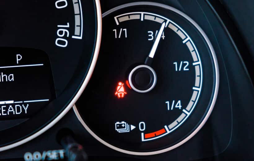 Battery level on the dashboard of electric car.